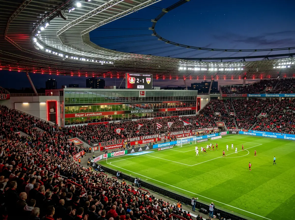 BayArena del Bayer Leverkusen iluminada durante un partido nocturno de la Bundesliga con el campo visible