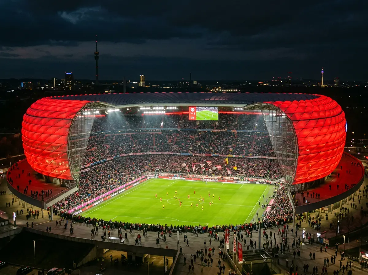 Estadio Allianz Arena del Bayern Munich durante un partido nocturno de Bundesliga con las gradas llenas de aficionados