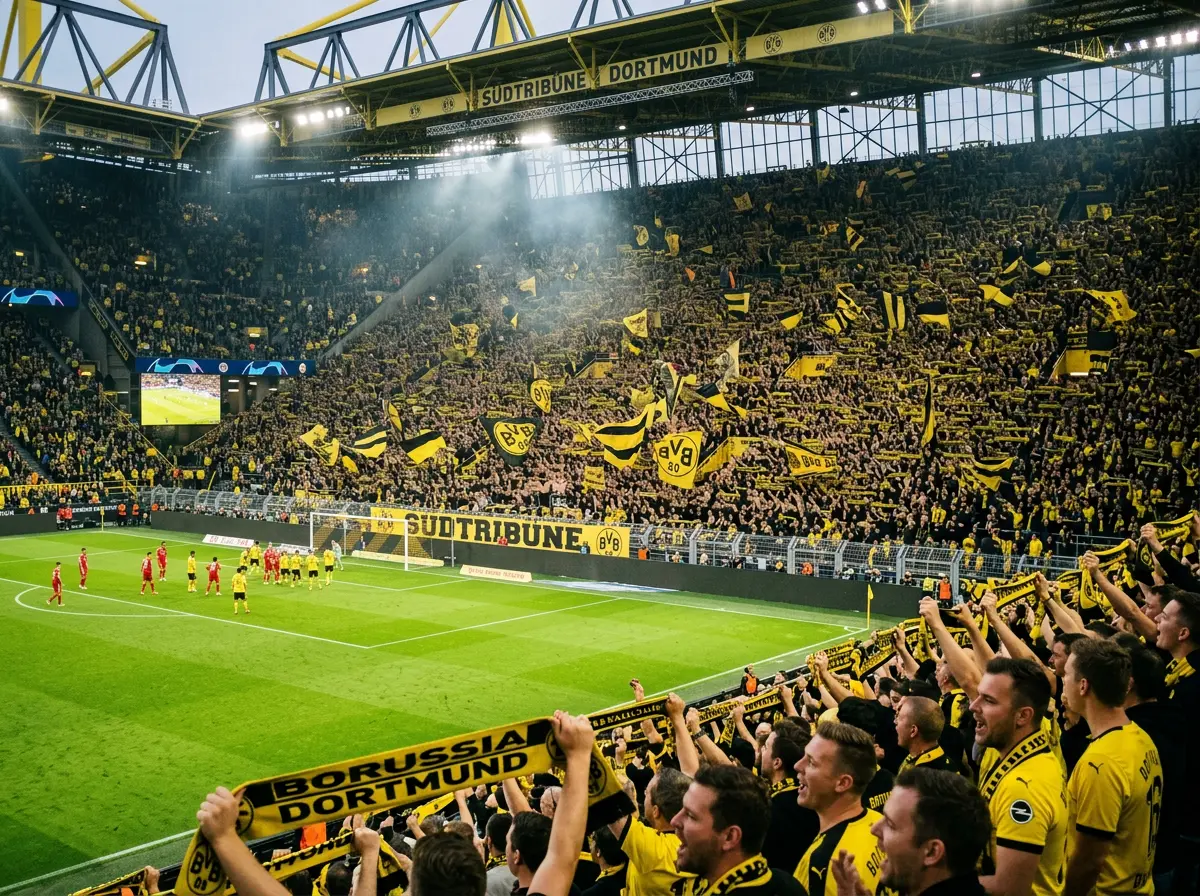 Tribuna sur del Signal Iduna Park del Borussia Dortmund repleta de aficionados con bufandas amarillas y negras