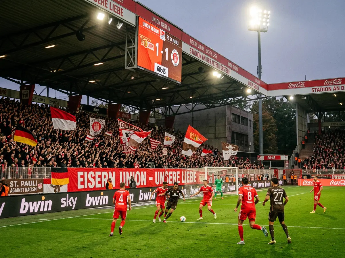 Estadio de la Bundesliga 2 con gradas llenas de aficionados y banderas durante un partido de la segunda division alemana