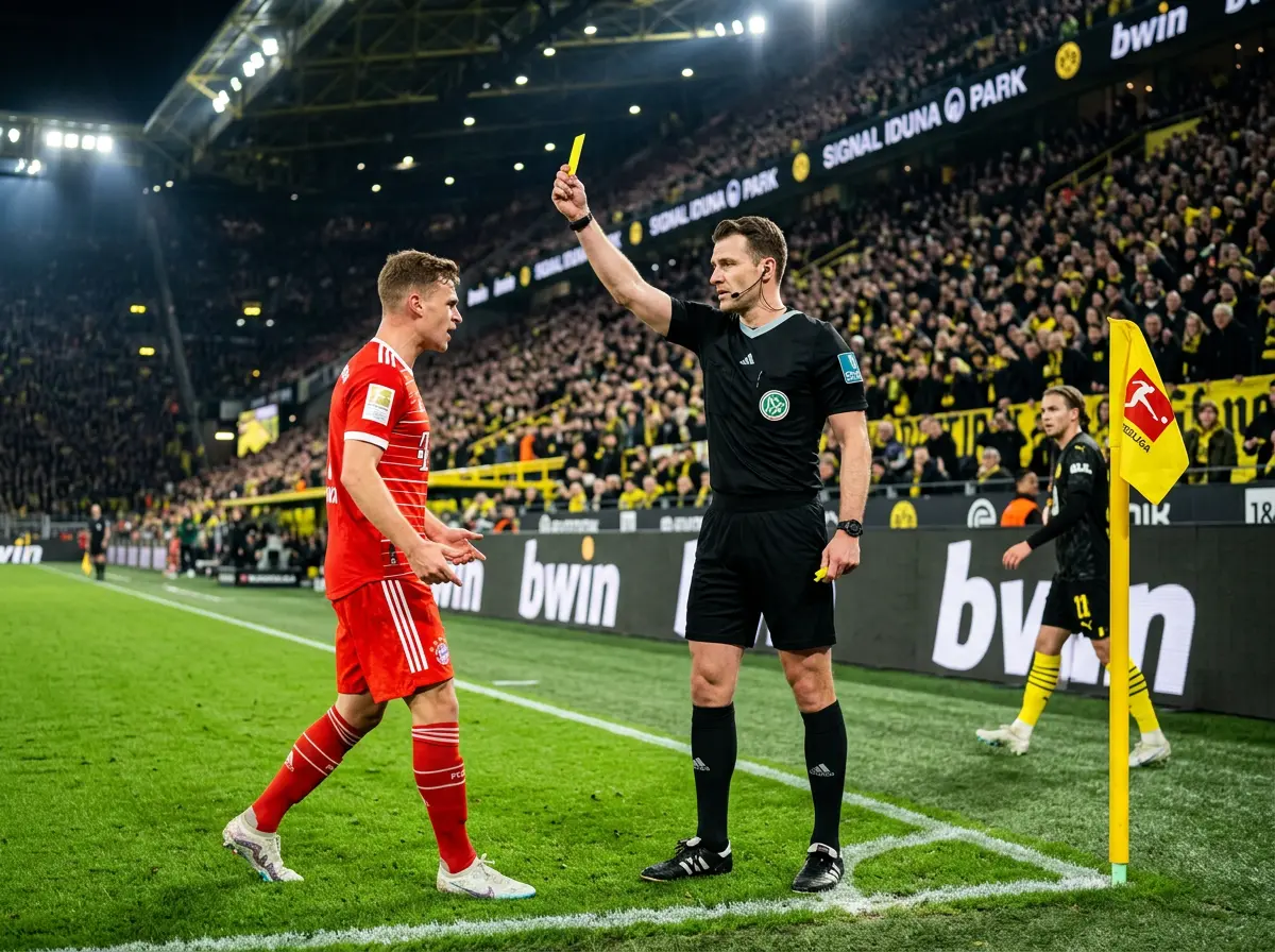 Arbitro de la Bundesliga mostrando una tarjeta amarilla a un jugador durante un partido con el corner al fondo