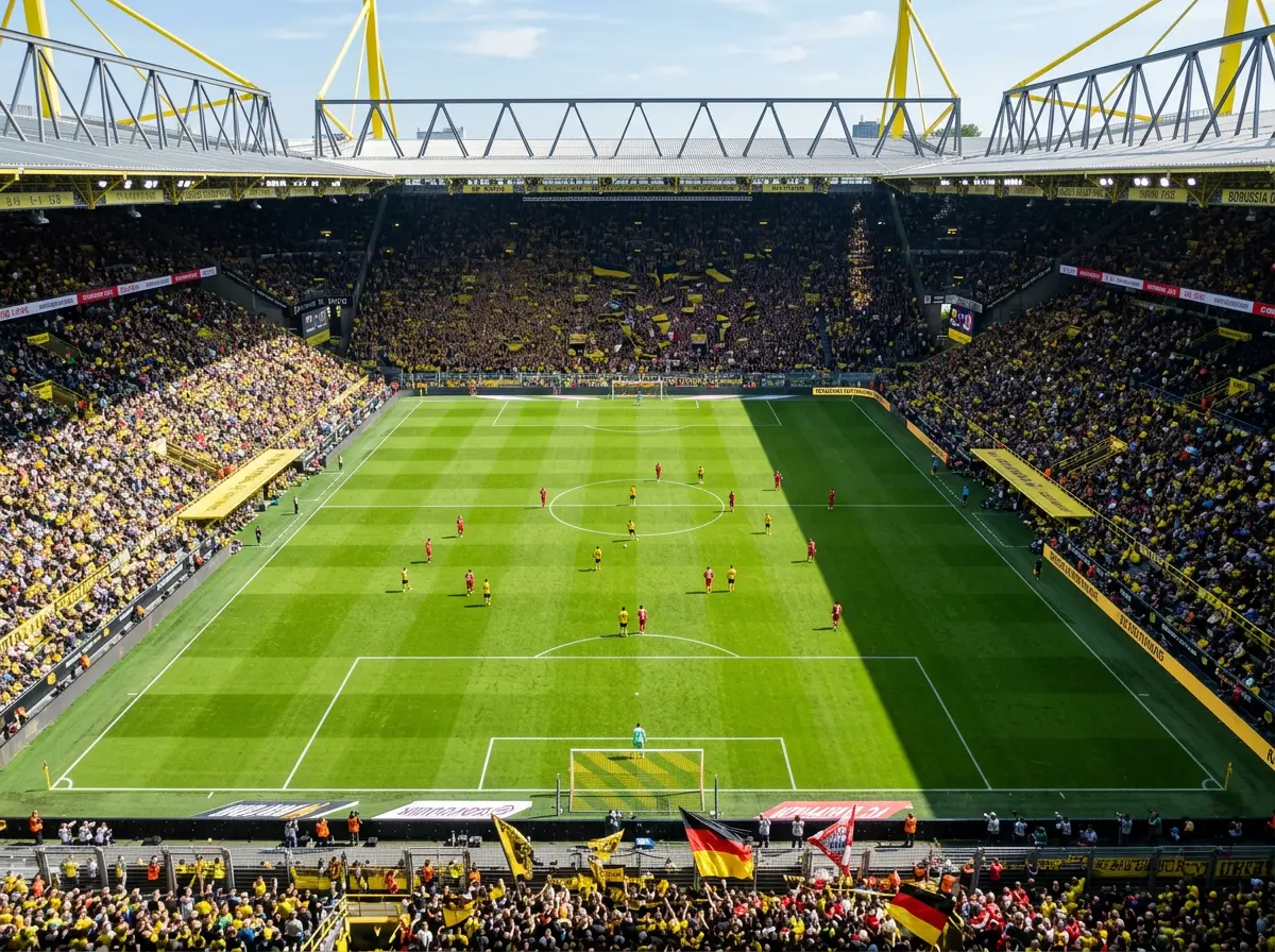 Vista aerea de un campo de futbol de la Bundesliga con nueve partidos simultaneos representados en pantalla dividida