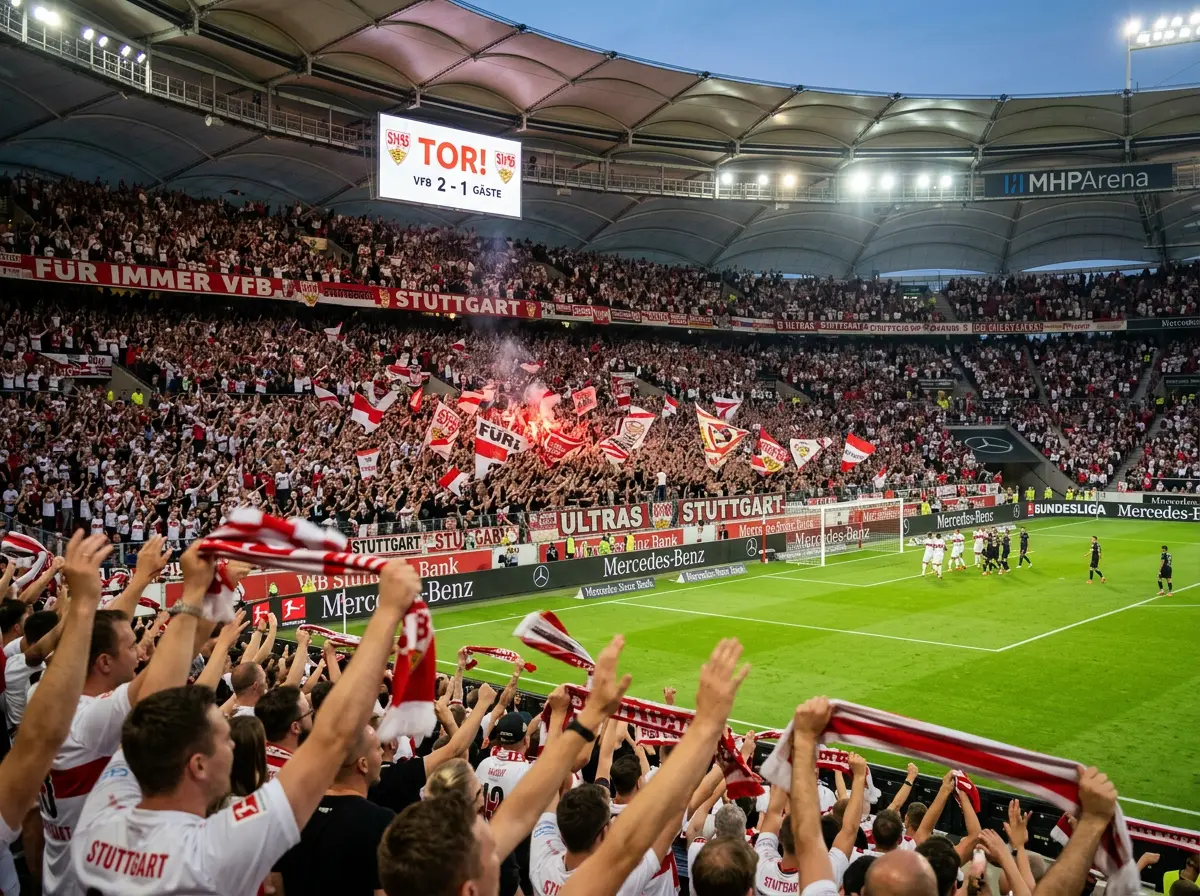 Estadio del VfB Stuttgart con aficionados celebrando un gol durante un partido de la Bundesliga