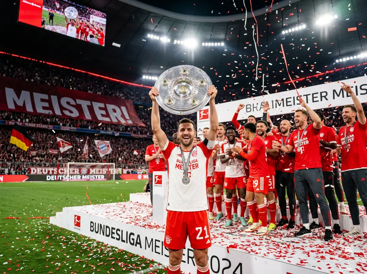 Trofeo de la Bundesliga Meisterschale sobre un podio con confeti en la ceremonia de entrega de la liga alemana