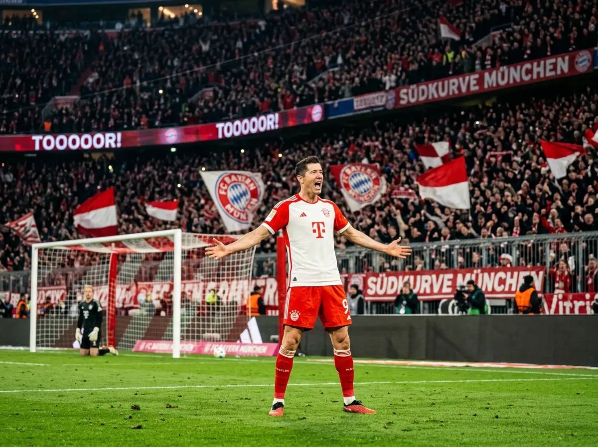 Delantero de la Bundesliga celebrando un gol con los brazos abiertos frente a una grada llena de aficionados