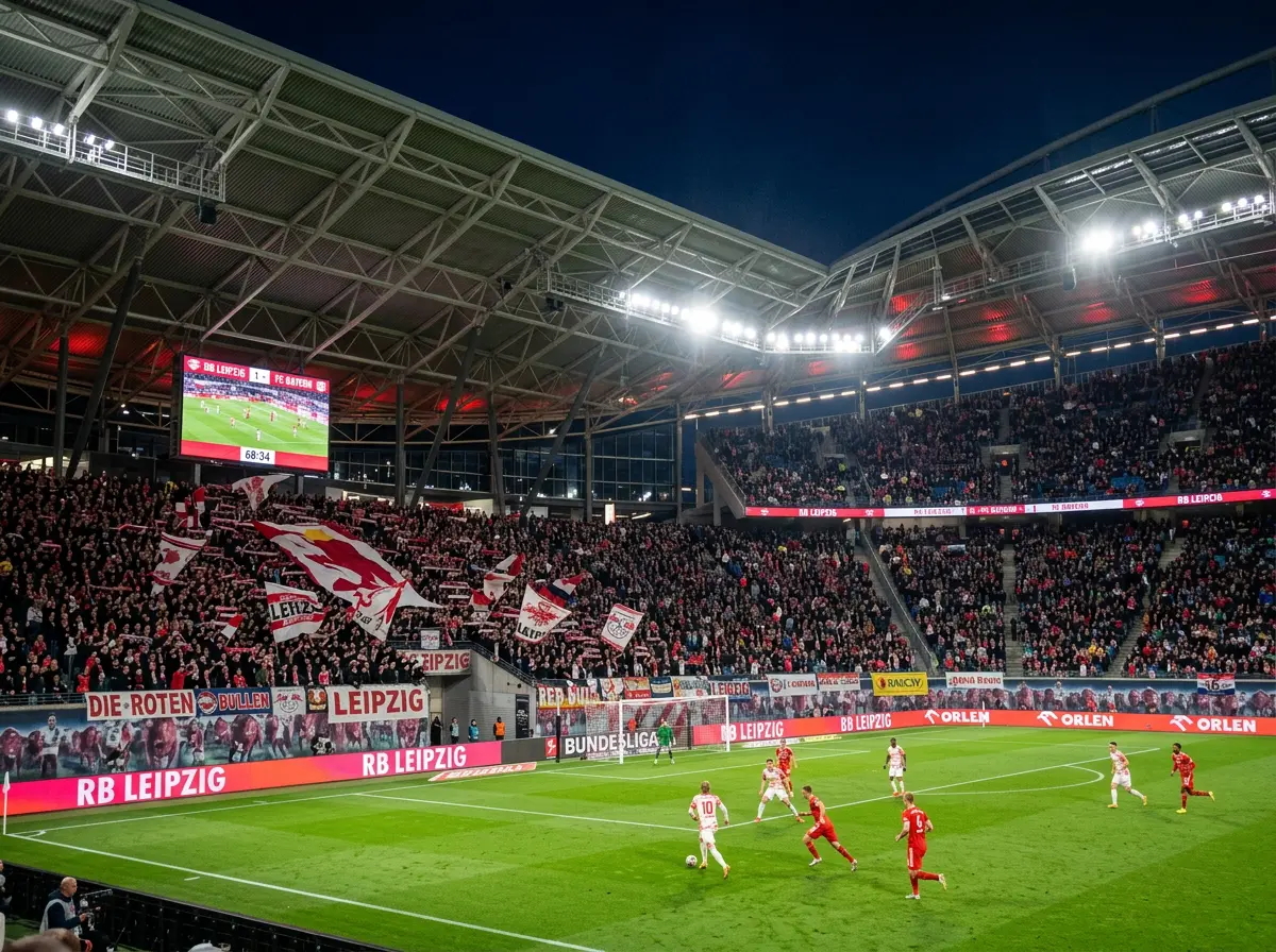 Red Bull Arena de Leipzig durante un partido de la Bundesliga con las gradas llenas de espectadores
