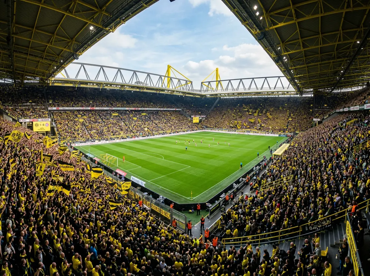 Panoramica de un estadio de la Bundesliga completamente lleno con mas de 80.000 espectadores en dia de partido