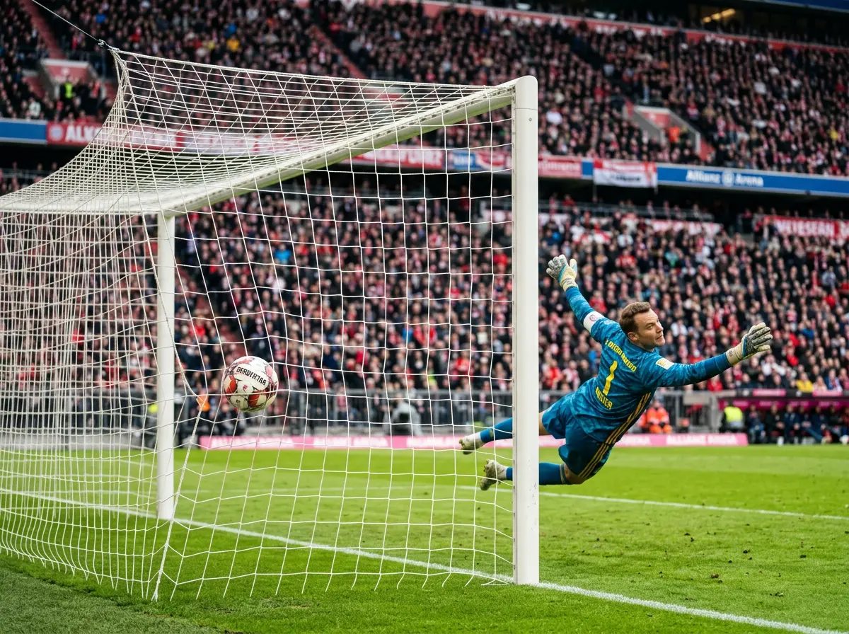 Balon de la Bundesliga entrando en la porteria durante un partido con el portero estirado en el suelo