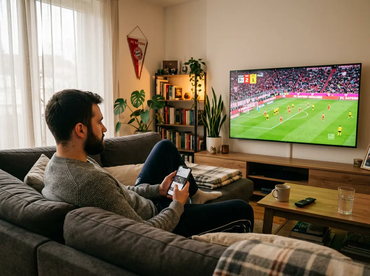 Persona viendo un partido de la Bundesliga en television con un telefono movil en la mano preparada para apostar