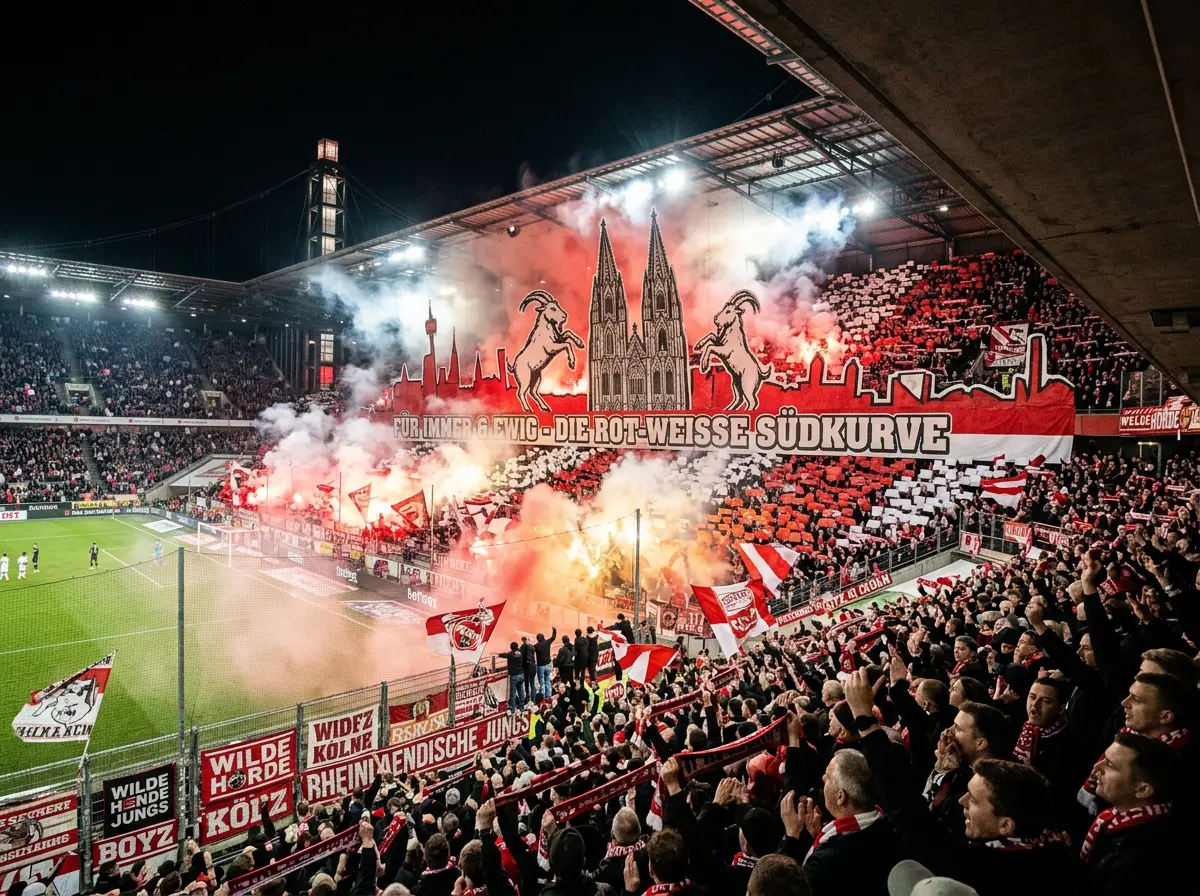Grada de animacion de un estadio aleman con bengalas y banderas durante un derbi de la Bundesliga
