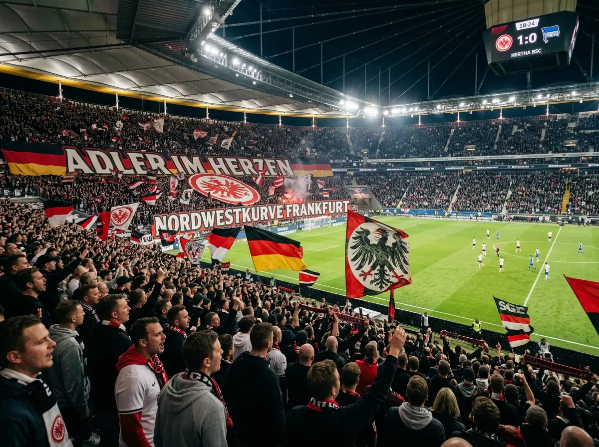 Deutsche Bank Park del Eintracht Frankfurt con la grada de pie del equipo llenando el fondo sur del estadio