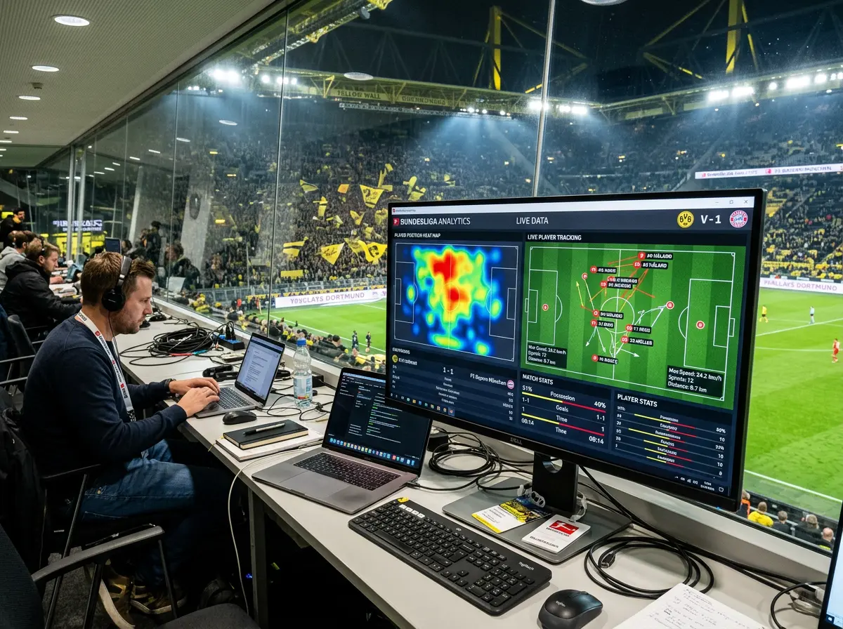 Pantalla de estadisticas de seguimiento de jugadores en un estadio de la Bundesliga con datos de rendimiento en tiempo real