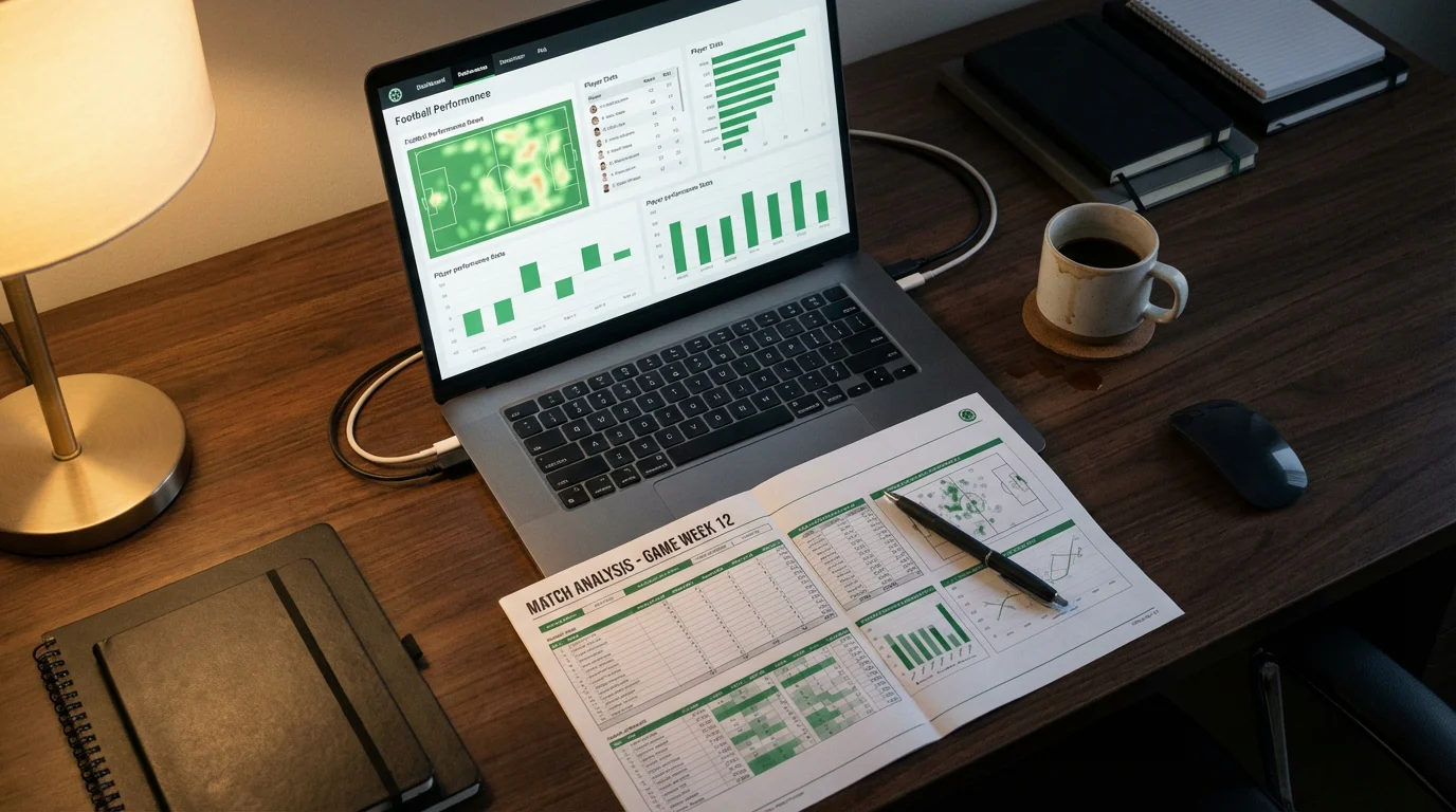 Pantalla con datos estadísticos de la Bundesliga sobre una mesa de análisis deportivo