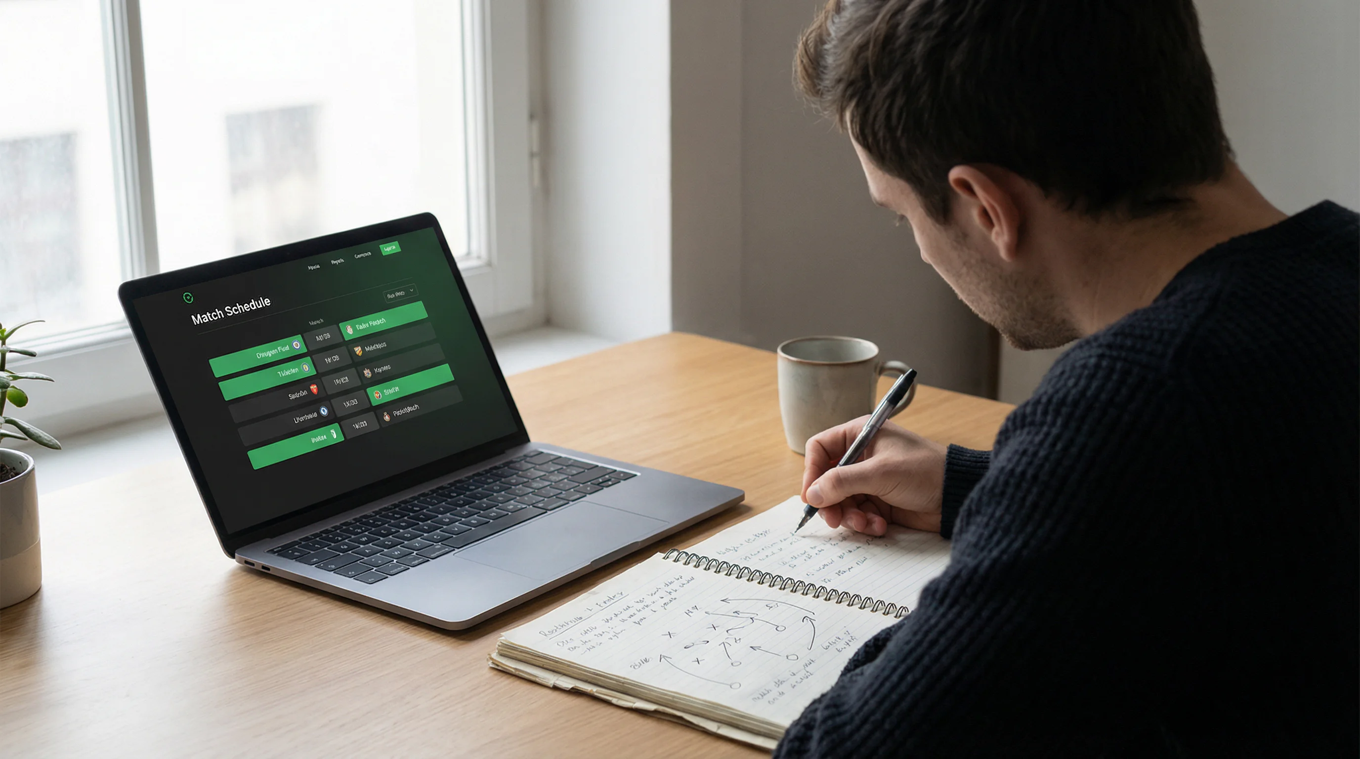 Persona analizando datos deportivos de la Bundesliga en un portátil con notas escritas