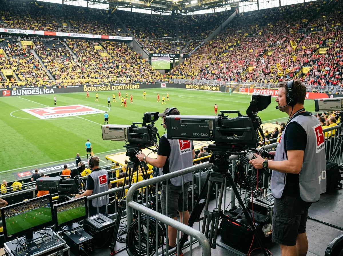Camaras de television retransmitiendo un partido de la Bundesliga desde la grada de prensa de un estadio aleman