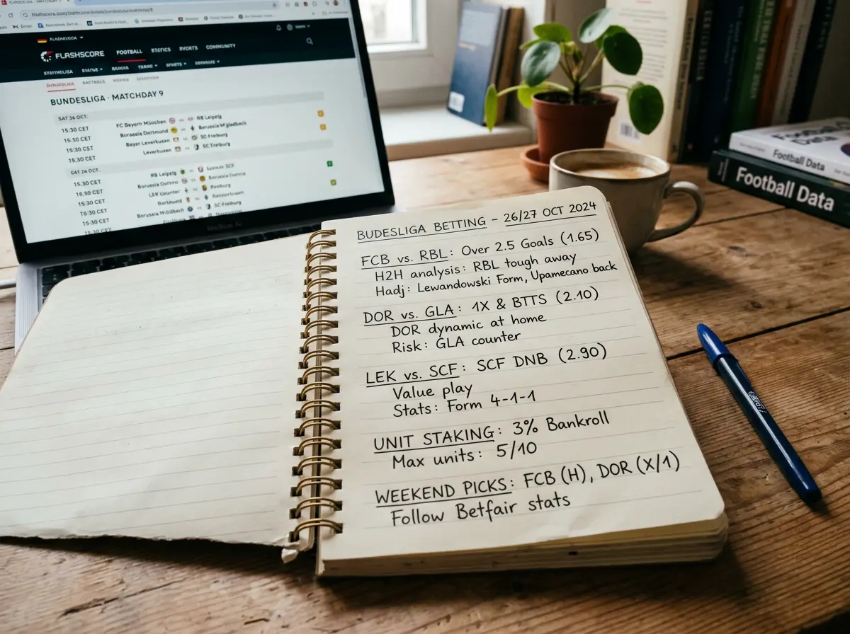 Cuaderno abierto con terminos de apuestas en espanol y aleman junto a un marcador de la Bundesliga