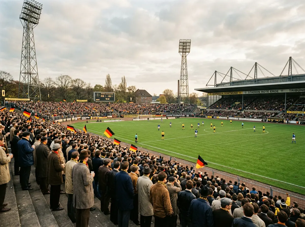 Fotografia historica de un estadio de la Bundesliga en los anos 60 junto a una imagen moderna del mismo recinto