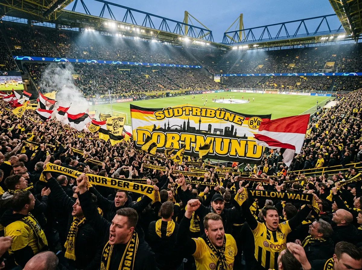 Aficionados de la Bundesliga en una grada de pie mostrando pancartas en un estadio aleman lleno