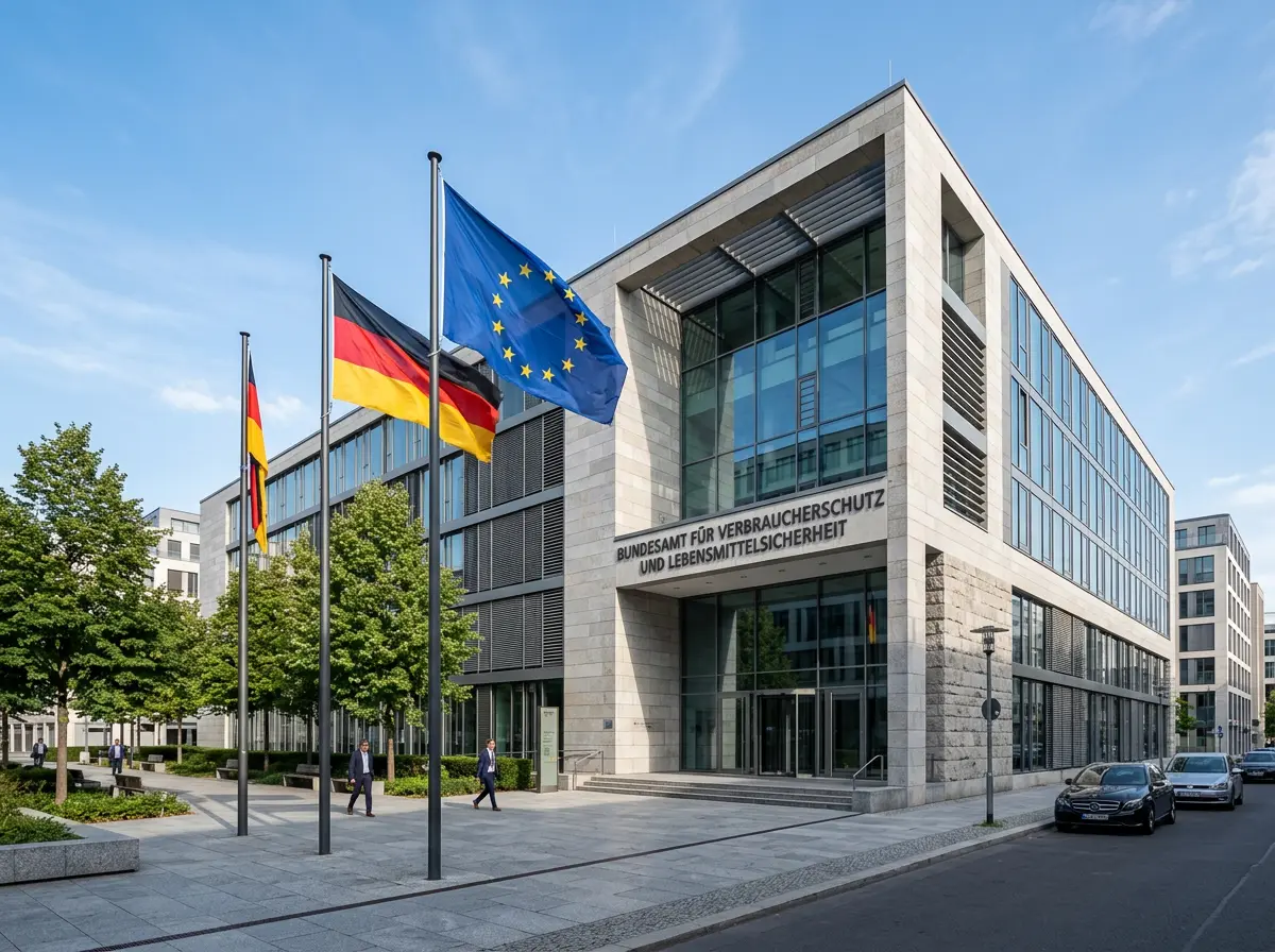 Edificio de la sede del regulador GGL de juegos de azar en Alemania con banderas institucionales