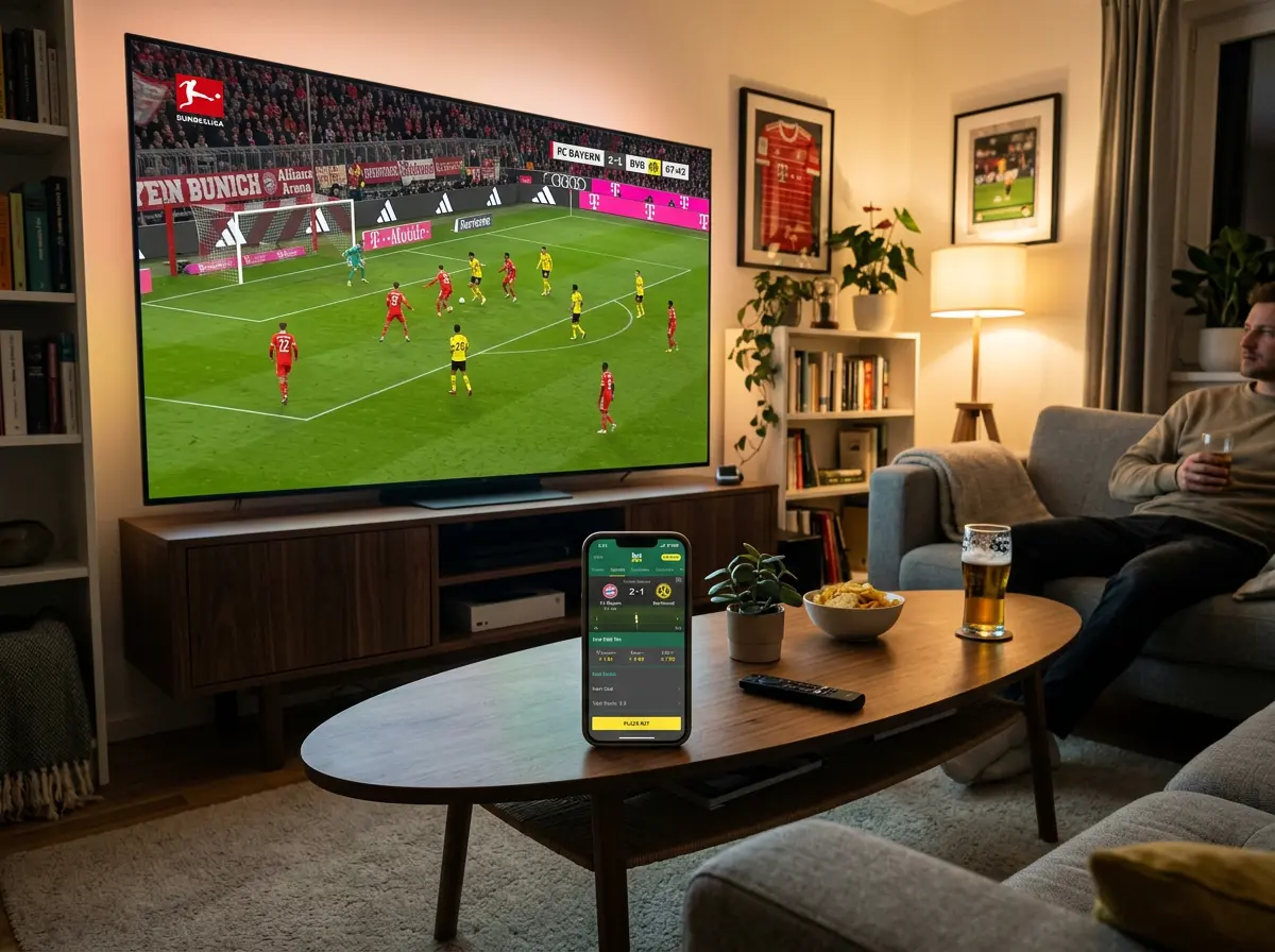 Pantalla de television mostrando un partido de la Bundesliga en directo junto a un dispositivo movil con apuestas en vivo